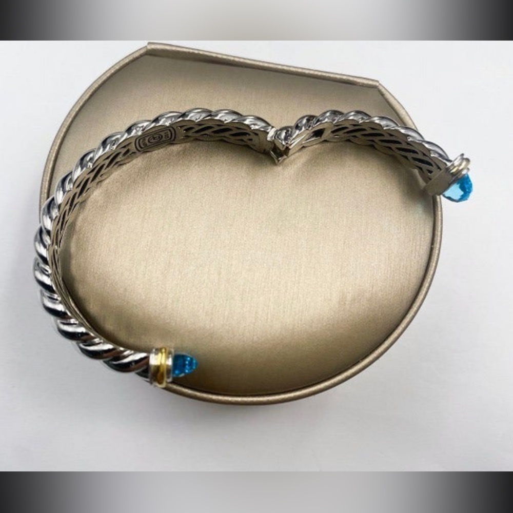 RARE David Yurman 10mm Cable Cuff Sterling Silver Bracelet Blue Topaz 18K Gold